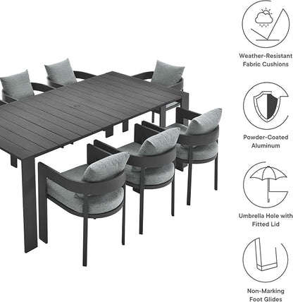 Modway Tahoe Outdoor Patio Powder-Coated Aluminum 9-Piece Dining Set in Gray Gray - Rectangular Patio Furniture Set for 8 - Outside Table with Umbrella Hole and Cushioned Chairs - Modern Patio Set