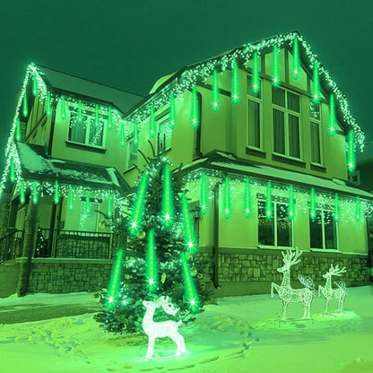 Weepong Halloween Lights Outdoor, Meteor Shower Christmas Lights for Halloween Decorations, 8 Tube 192 LED Snow Falling Rain Icicle String Light for Xmas Christmas Decor Tree Party, UL Plug Green