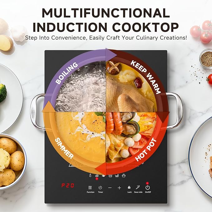 AMZCHEF Portable-Induction-Cooktop: 74 Temperature Levels Induction Burner with Digital Probe, 1800W Countertop Burner with 20 Power Levels, 6.5" Heating Coil, Low Noise Electric Cooktops with Timer