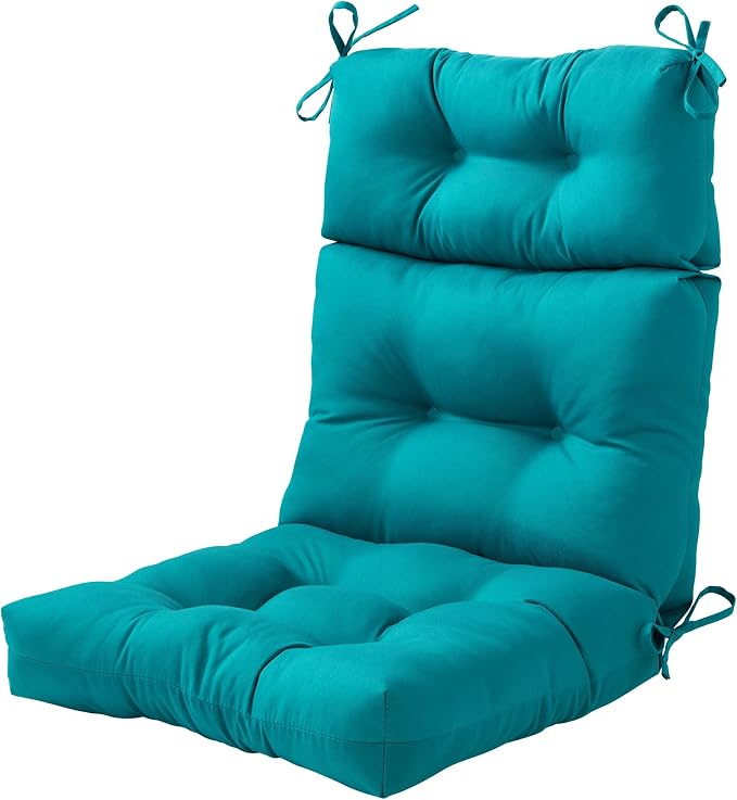 Outdoor Tufted High-Back Chair Cushions, One-Piece Hinged Seat and Back Design, Reversible with 4 Ties, Durable Polyester Fabric, Recycled Fiber Fill - Single, Peacock