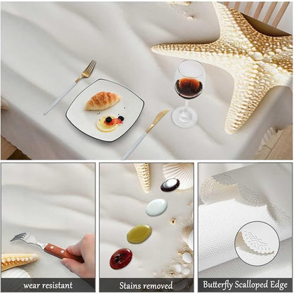 Swono Seashells Table Cloth Seacoast Beach Starfish and Seashells Rectangle Tablecloth Picnic Table Cover BBQ Table Cloth Polyester for Kitchen Restaurant Coffee Table 50x72 Inch