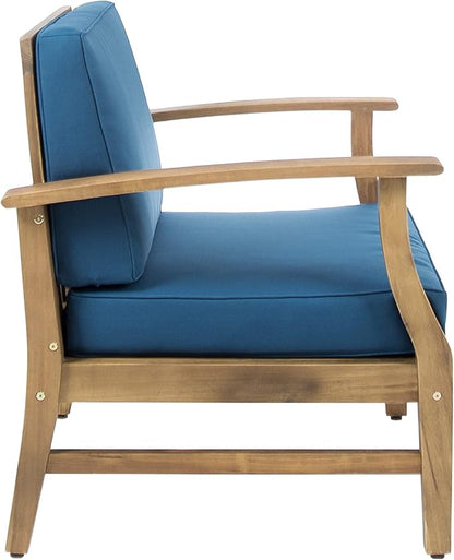 Christopher Knight Home Perla Outdoor Acacia Wood Club Chairs with Water Resistant Cushions, 2-Pcs Set, Teak Finish / Blue