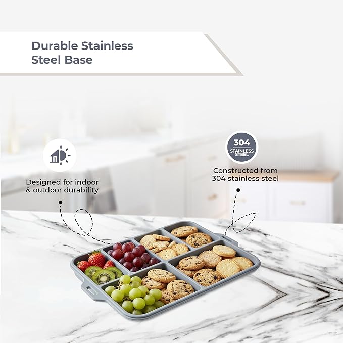 Multi-Purpose Serving and Entertaining Tray with Foldable Silicone Lid and Divided Plates, Stainless Steel Serving Set for Kitchen, Camping, BBQ and Outdoor Events