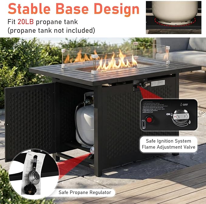 PayLessHere Propane Fire Pit Table, 50,000 BTU CSA-Certified Outdoor Gas Fire Table with Lid, Lava Rock & Glass Wind Guard, Smokeless Patio Firepit for Backyard, Deck & Garden (43 inch)