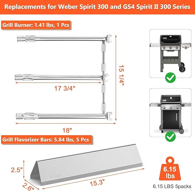 SUS304 Spirit e310 Grill Parts, 69787 Grill Burner and 7636 Flavorizer Bars for Weber Spirit 300 and Spirit II 300 Series, Spirit E310 E320 E330 S310 Grill Parts for 15.3" Flavor Bars,18" Burner Tube