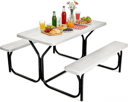 COSTWAY Outdoor Picnic Table, HDPE Plastic Picnic Table Bench Set | Weather Resistant Tabletop & Wood Texture, Ideal for Patio, Backyard (59" D x 54" W x 28.5" H,White)