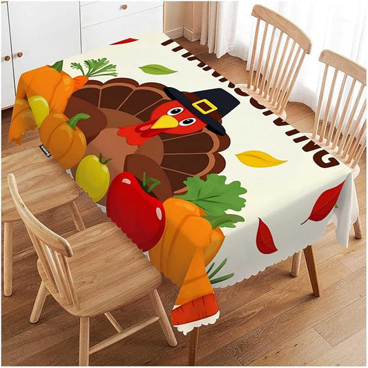 Swono 52x70 Inch Happy Thanksgiving Tablecloth Autumn Turkey Harvest Pumpkin Farmhouse Dining Table Cloth Anti-Stain Talking Table Cover for Kitchen Dinning Room Coffee Store