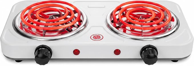 2200W Portable Electric Hot Plate for Cooking, Two Burner Electric Cooktop,Double Coil Electric Burner, Electric Stove with 2 Burner,Adjustable Temperature Control，White