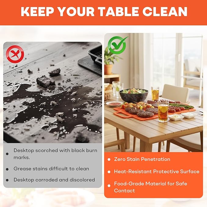 Portable Outdoor Silicone Grill Mat, Foldable Heat-Resistant Table Mat & BBQ Side Shelf Tool Pad with Snap Buttons, Converts into Storage Bag for Utensils and Food, Food-Grade, Non-Slip(Orange)