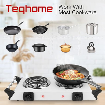 2000W Hot Plate,Portable Electric Stove Countertop Double Coil Burners W/5 Level Temperature Control & Stay Cool Handles, Easy to Clean, Lightweight Cast Iron Electric Stove for RV/Home/Camp 110V