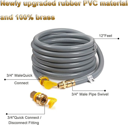 12FT, 24FT, 36FT, 56FT 3/4" ID Natural Gas Hose with Quick Connect | 3/4" ID Natural Gas Hose with Quick Connect Fittings for NG/LP Propane Appliances, Grill,Patio Heaters,Generators