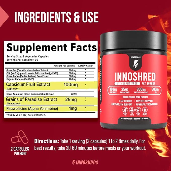 Inno Shred Stim Free Thermogenic Fat Burner, Caffeine Free 30 Servings | Weight management & metabolism support with Capsimax, Paradoxine, Green Tea Extract; 60 veggie caps