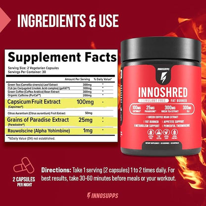 Inno Shred Stim Free Thermogenic Fat Burner, Caffeine Free 30 Servings | Weight management & metabolism support with Capsimax, Paradoxine, Green Tea Extract; 60 veggie caps