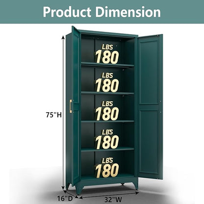 Polup Metal Storage Cabinet,75" Tall Kitchen Pantry Storage Cabinet with Doors and Adjustable Shelves, Green Metal Pantry Cabinets, Large Cupboard for Kitchen, Dining Living Room, Bathroom, Office