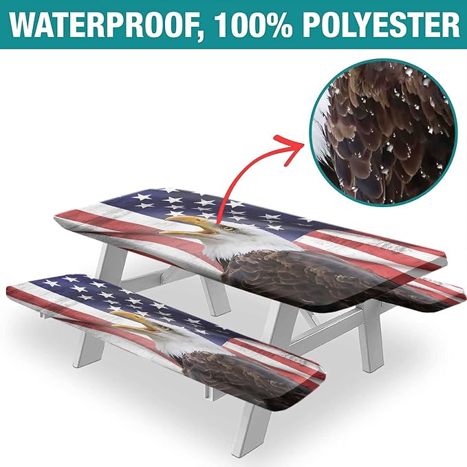 American Flag Picnic Fitted Tablecloth and Bench Seats Cover, 4th of July Independence Day USA Flag Rectangle Elastic Table Cover, 72x28 In, 3 Pcs Set, for Indoor/Outdoor Picnic, BBQ and Dining Use