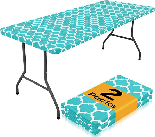 Smiry 2 Pack Rectangle Table Cloth 8 Foot, Waterproof Elastic Fitted Tablecloths, Windproof Washable Polyester Table Cover for Picnic, Camping, Outdoor (Aqua, 30"x96")
