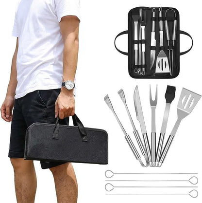 9-Piece BBQ Grill Tool Set, Stainless Steel with Storage Bag | Nine piece set of stainless steel grill tools. Very suitable for camping, backyard gatherings, outdoor barbecues