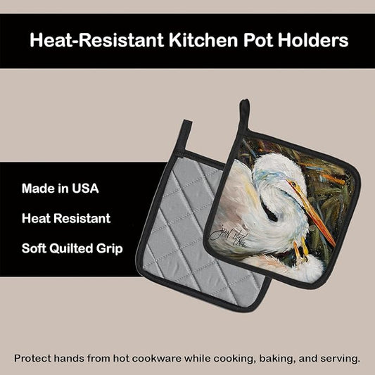 Caroline's Treasures JMK1227PTHD White Egret Pair of Pot Holders Kitchen Heat Resistant Pot Holders Sets Oven Hot Pads for Cooking Baking BBQ, 7 1/2 x 7 1/2