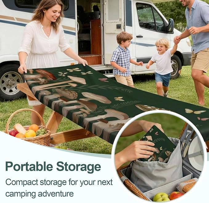 Picnic Table Cover with Bench Covers Camping Essentials Waterproof Windproof Camping Tablecloth with Drawstring Bag, Fitted Rectangle Tables and Seats, 72in, Dark Green Mushroom