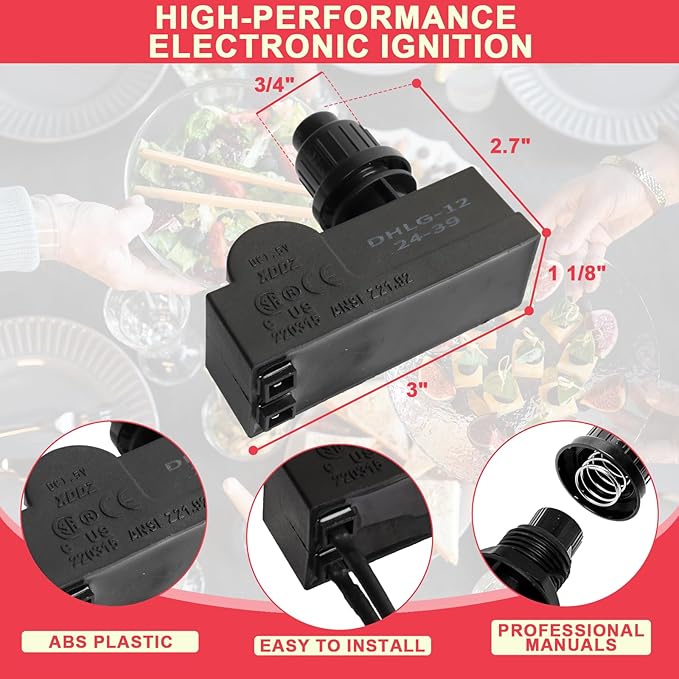 DHLG-12 Grill Igniter Kit for Charbroil Grill Replacement Parts, 2-Outlet Push Button Electronic Ignition Module with Wires for Charbroil G432-8S01-W1 G470-5503-W1 Grill Parts, AAA Battery Required