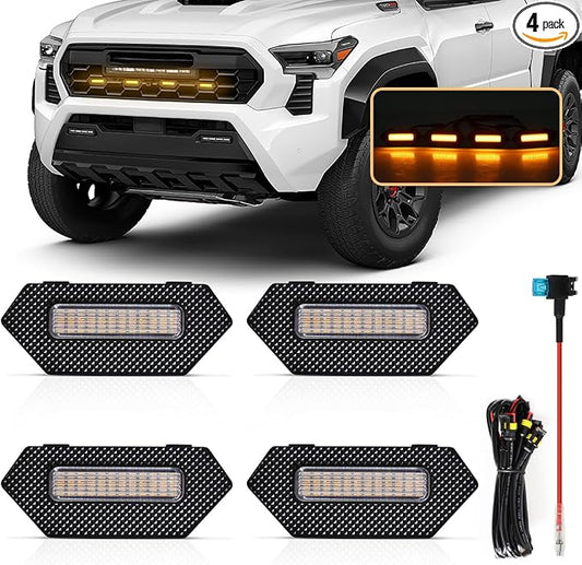 Grille Lights for Tacoma Trailhunter/TRD Pro 2024-2025, 4Pcs Clear Shell Amber LED Front Grill Light with Wire Harness and Fuse