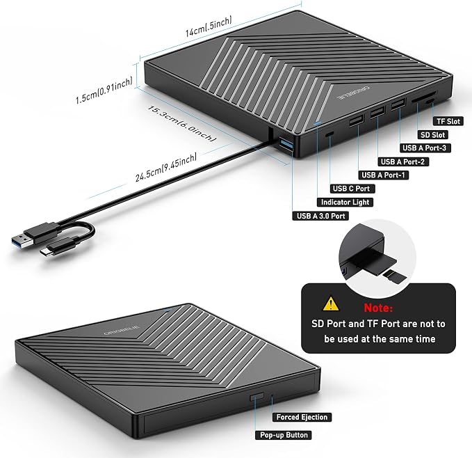 ORIGBELIE External CD DVD Drive 4 USB Port 2 TF/SD Card Slot &Carrying Case | Slim USB 3.0 CD DVD ROM Player Burner Reader Writer Rewriter Optical Disk Drive for Laptop PC Mac OS Windows 11/10/8/7 Linux