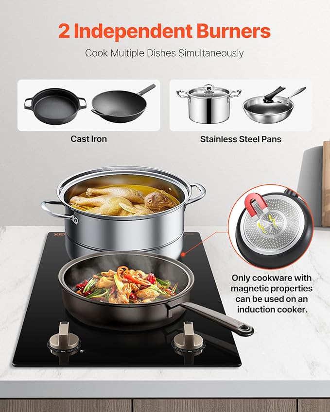VEVOR Induction Cooktop, 1800W Electric Countertop Burner, 2 Burner Knob Control Stove, Built-in Induction Cooktop with 12 Temperature Settings, Glass Surface, Auto Shut-Off