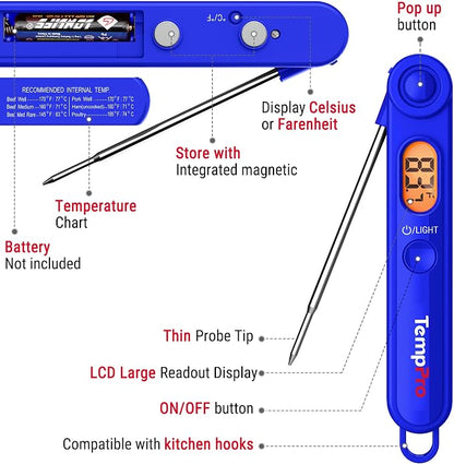 TempPro TempSwift Digital Meat Thermometer for Cooking | Instant Read Thermometer with Backlight, Kitchen Food Thermometer for Grill Smoker BBQ Oil Deep Fry Candy Bread Coffee