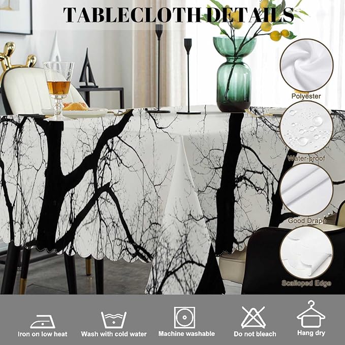 Swono Dead Tree Tablecloth Black White Tree Branch Rectangle Table Cloth Washable Plaid Table Cover for Kitchen Holiday Dinner Camping BBQ, 52x 70 Inch Tablecloth