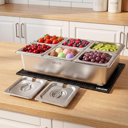 VEVOR Countertop Food Serving Display Container, Stainless Steel Food Salad Server Tray, Buffet Condiment Dispenser, Ice Cooled Rack with Separate Lid, for Restaurant, Hotel, Party (6x1/6 Pan)