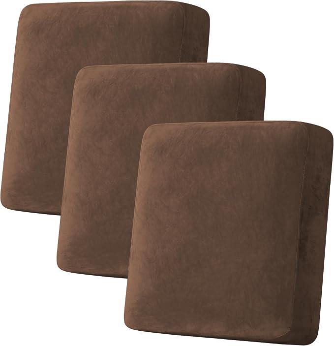 H.VERSAILTEX Velvet Stretch Couch Cushion Cover Plush Cushion Slipcover for Sofa Cushion Furniture Protector Seat Cushion Sofa Cover (3 Piece Sofa Cushion Covers, Caramel Cafe)