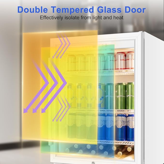 FoMup 24" Undercounter Beverage Refrigerator with Glass Door, 200-Can | Reversible door for flexible installation, Digital temperature control, safety lock, White finish, LED light