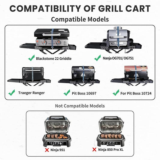 GRISUN Foldable Grill Table Stand for Ninja Woodfire Outdoor Grill（OG700/701/751), Portable Camping Table for Blackstone 22", Portable BBQ Stand with 2 Wheels, Side Table & Storage Basket
