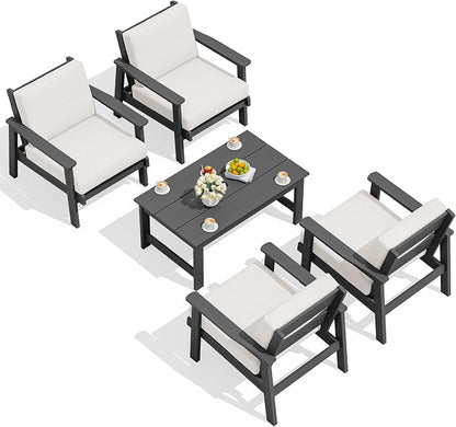 SERWALL Outdoor Patio Furniture Set, 5 Piece HDPE Patio Conversation Sets, All-Weather Wood-Like Outdoor Couch Loveseat and Coffee Table with Thick Cushions for Porch Balcony Garden Backyard