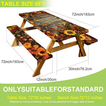 ANNA QUEEN Autumn Harvest Picnic Table Cover Set, 6FT Rustic Fall 3PCS 72"x30" Waterproof Tablecloth with Bench Covers for Camping Thanksgiving & Outdoor Events