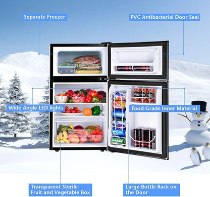 COSTWAY 3.2 Cu.ft. Mini Fridge with Freezer for Bedroom, Dorm, Office | Small Compact Refrigerator with Reversible 2-Door, Adjustable Temperature, LED Lights, Removable Glass Shelves, Black