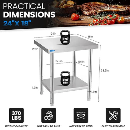 KUARBARR Stainless Steel Table for Prep & Work with Undershelf 18 x 24 Inches NSF Metal Commercial Kitchen Prep Table with Adjustable Under Shelf Worktable for Restaurant Home Outdoor