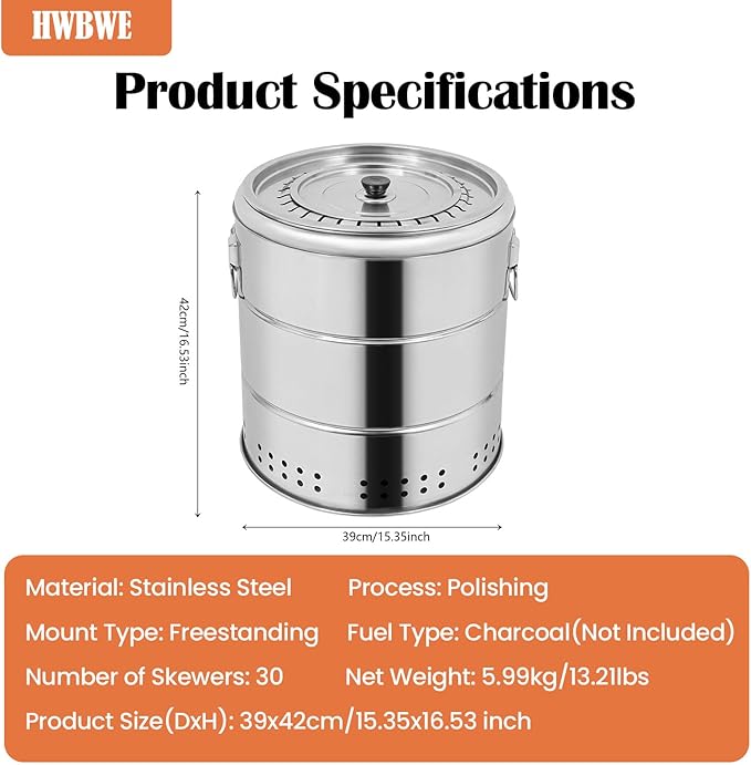 Portable Smokeless Charcoal Barbecue Grill with 30 Skewers and BBQ Cooking Grate, Stainless Steel Kebab Barrel Grill, 15.4 inch Diameter