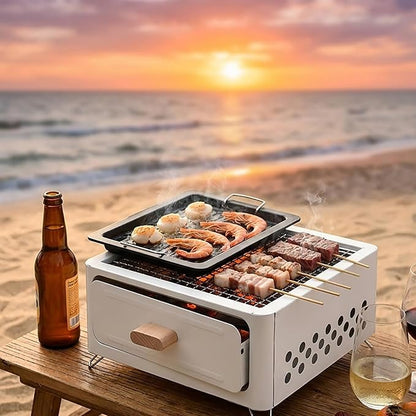 LOGOFUN Portable Charcoal Grill with Enamel Griddle Pan Japanese Style Tabletop BBQ for Outdoor Camping Folding Barbecue Hibachi Backyard Patio Balcony Snow White
