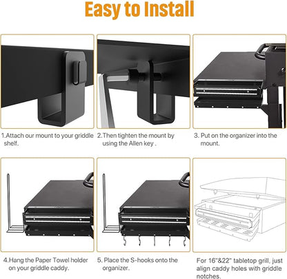 3-in-1 Stainless Steel Griddle Caddy with Magnetic BBQ Utensil Strip and Paper Towel Holder for 28"/36" Blackstone Griddles,Space Saving BBQ Accessories Storage Box,Easy install&Free from Drill