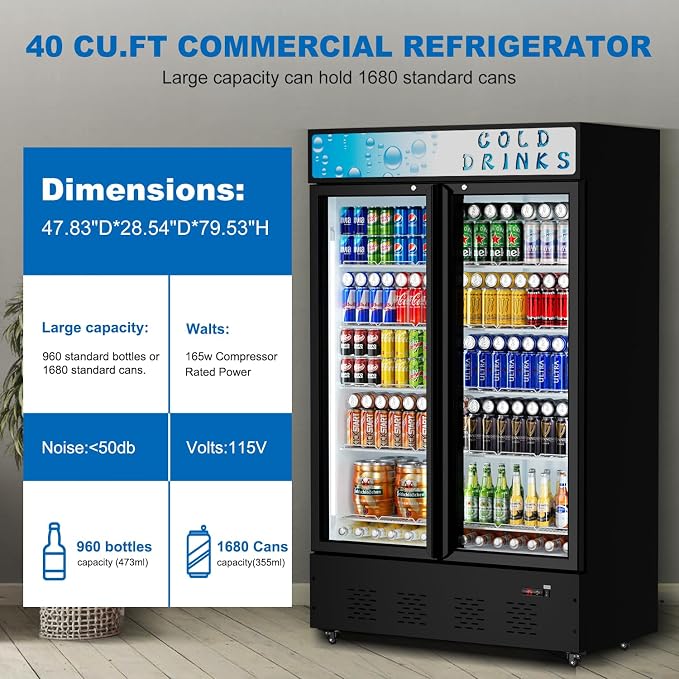 40 Cu.ft. Commercial Beverage Refrigerators, 47.83''Glass Door Refrigerator Upright Display Cooler with Soft LED Light and Adjustable Shelves for Stores