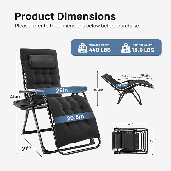 DUMOS Zero Gravity Chair, Lounge Chair Outdoor with Cup Holder Tray | Folding Reclining Chairs for Indoor, Outside, Beach, Camping and Patio, Black