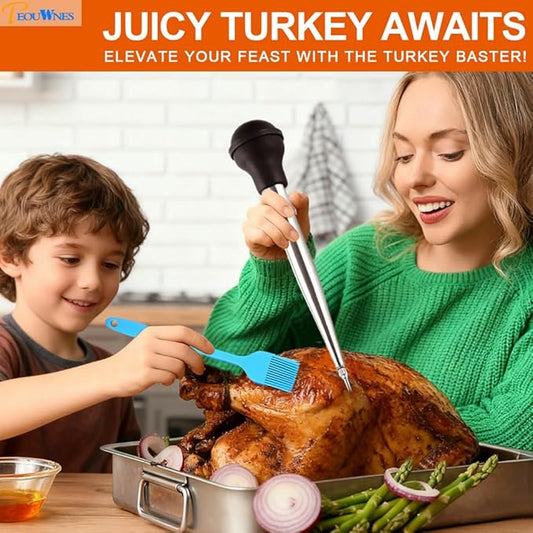 Stainless Steel Turkey Baster with Cleaning Brush & Needle, Black Meat Injector Set for Home Baking Kitchen Tool Cooking, Flavor Meat Poultry, Beef, Chicken