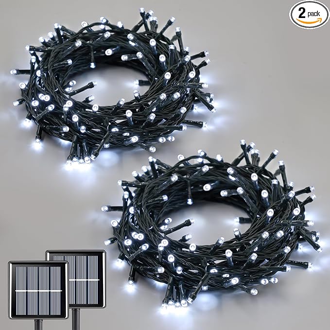 QITONG 2 Pack White Solar String Lights, Each 33ft 100 LED Outdoor Solar Fairy Lights Waterproof, 8 Modes Green Wire Solar Christams Light for Garden Patio Yard Tree Party Decor