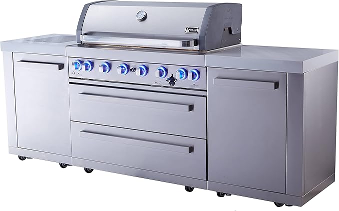 Mont Alpi Premium 94"W x 23"D x 46"H Stainless Steel Modular Outdoor Kitchen Island with Infrared Side Burner + 44"W 6-Burner BBQ Gas Grill + White Granite Countertops + Storage Cabinets & Drawers