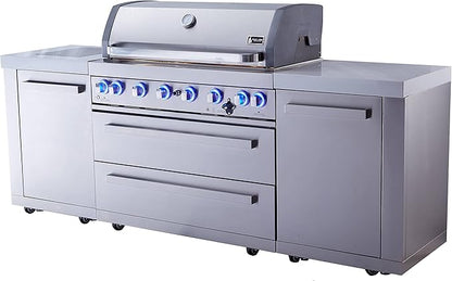 Mont Alpi Premium 94"W x 23"D x 46"H Stainless Steel Modular Outdoor Kitchen Island with Infrared Side Burner + 44"W 6-Burner BBQ Gas Grill + White Granite Countertops + Storage Cabinets & Drawers