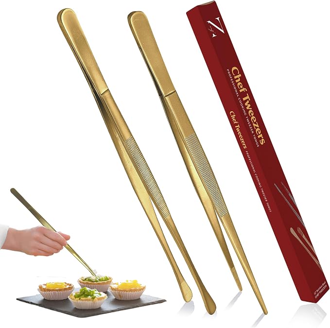 Namre 2 Pcs 12" Kitchen Cooking Tweezer Tongs Set: 18/10 Stainless Steel Food-Grade Metal Food Tong, Seamless-Welding, Sturdy and Non-Slip for Serving, Grilling, Frying (Round & Pointed Tip) Gold