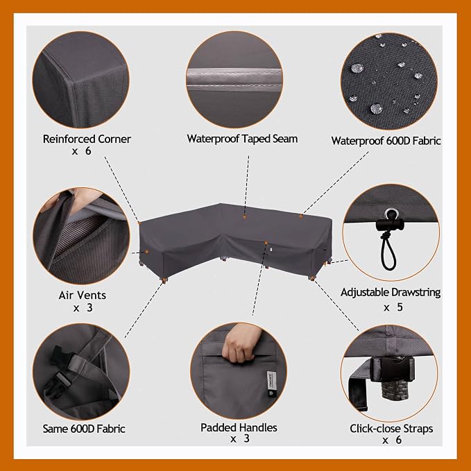 Heavy Duty Outdoor Sectional Patio Sofa Cover, 83"X115" Waterproof 600D, Storm Grey L-Shaped-Left Facing-83 x115