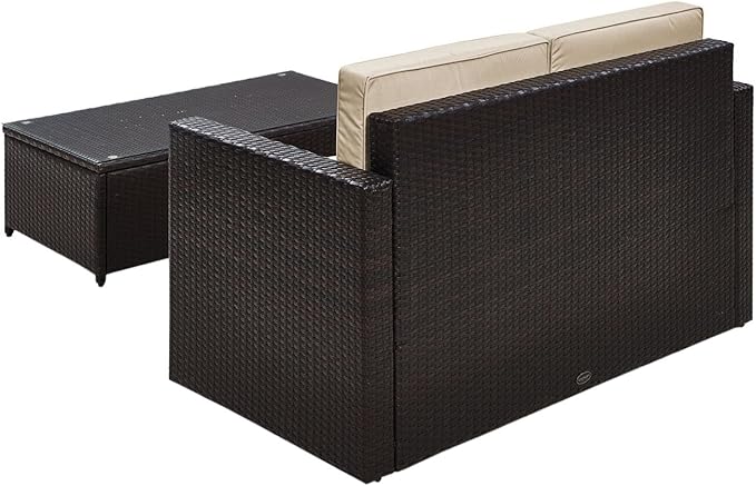 Crosley Furniture Palm Harbor 2-Piece Wicker Outdoor Coffee Table and Loveseat Patio Furniture Set for Porch, Brown with Sand Cushions