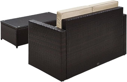 Crosley Furniture Palm Harbor 2-Piece Wicker Outdoor Coffee Table and Loveseat Patio Furniture Set for Porch, Brown with Sand Cushions